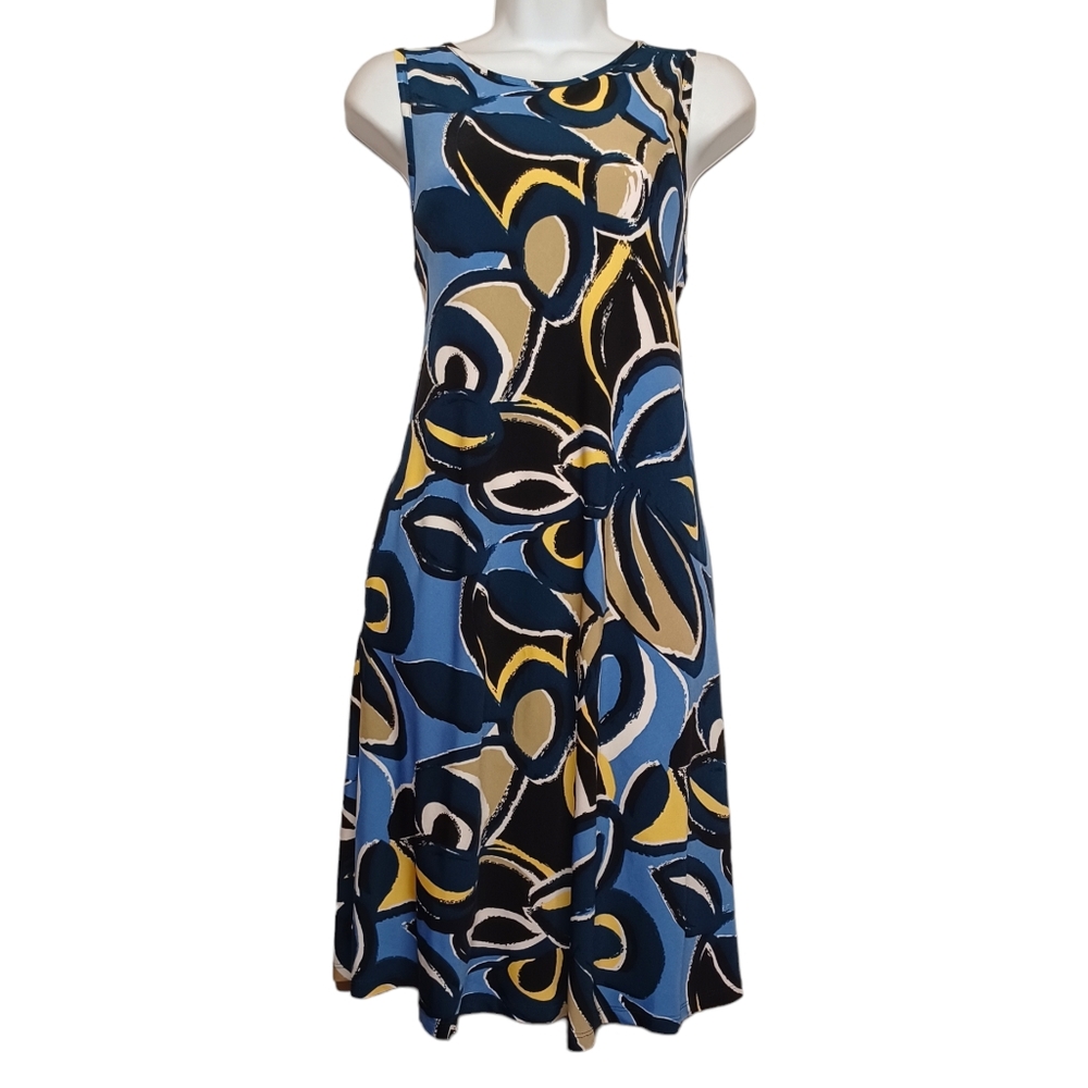 LILY Blue Tan Black Swirl Print Sleeveless Stretchy A-Line Mini Dress Medium